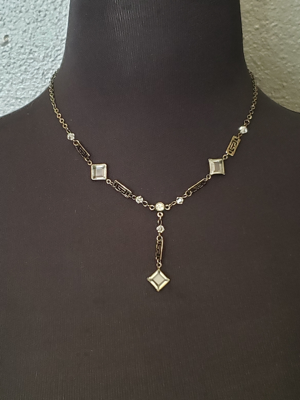 Vintage Gunmetal Greek Key Crystal Y Necklace